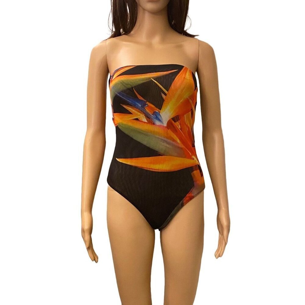 Zara Women’s Strapless Mesh Printed Thong Bodysuit Tube Top Flowers Size S NWT